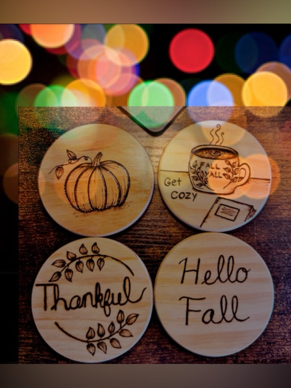 Fall Set- 4 handmade wood-burned coasters.